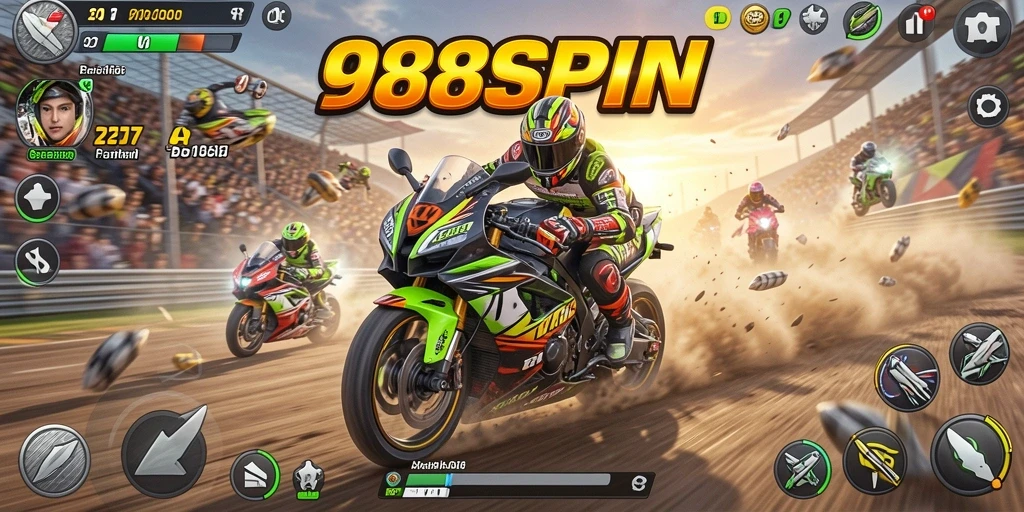 Screenshot utama 988SPIN menampilkan aksi balapan motor yang mendebarkan.