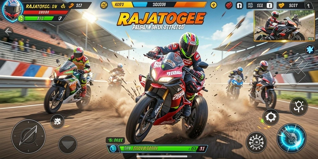 Tampilan gameplay <strong>RAJATOGEL</strong> saat balapan intens.