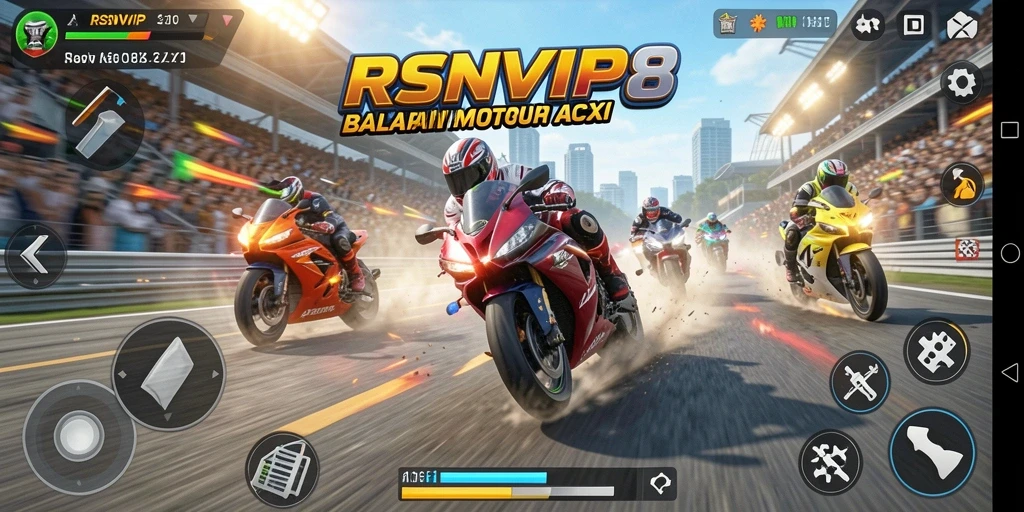 Screenshot gameplay RSNVIP8 yang menunjukkan aksi balap motor yang mendebarkan.